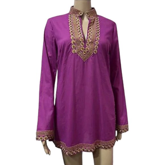 Tory Burch Tops - Tory Burch Women Top Tunic Blouse Size 6 Magenta Gold Embroidery Long Sleeves
